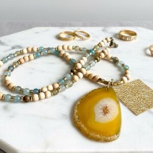 Argentinian Calcite, Wood & Agate Long Boho Necklace w/ Gold Tone Pendant
